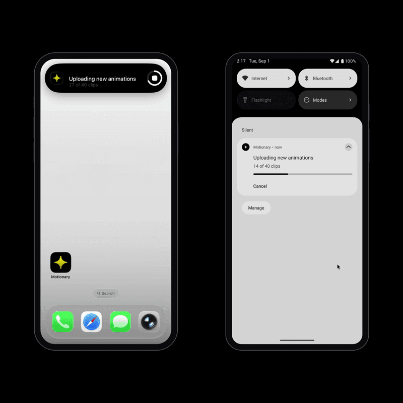 An iPhone showing an Uploading new animations Live Activity in the Dynamic Island beside an Android phone showing the same upload as an ongoing notification with a progress bar and a Cancel action