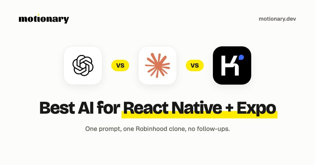 ChatGPT vs Claude vs Kimi app icons over the title Best AI for React Native + Expo: one prompt, one Robinhood clone, no follow-ups